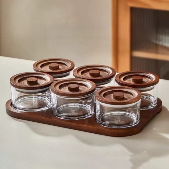 Wooden & Glass Serving Platter with Wooden Stand - 6 Pieces